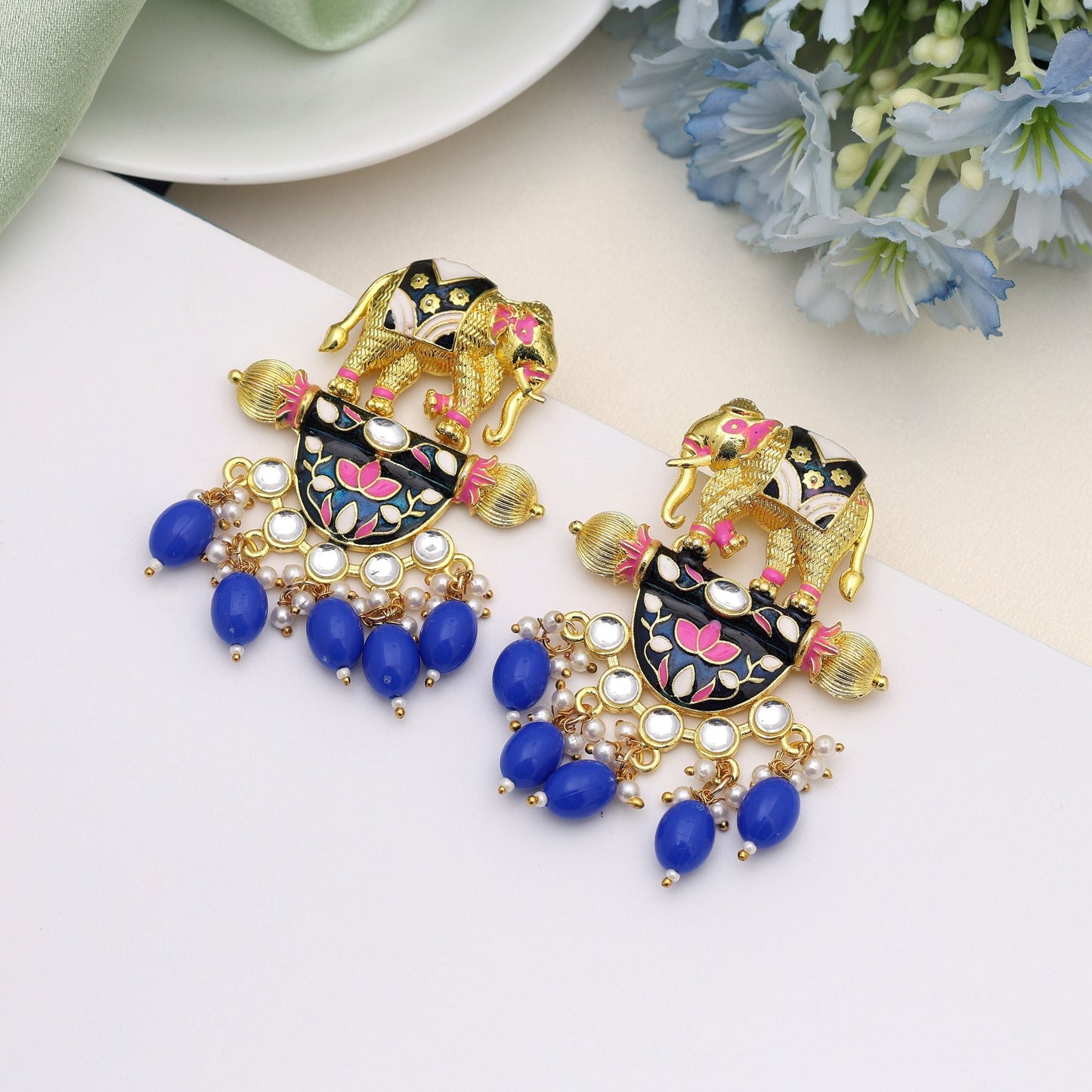 Blue Color Meenakari Earrings Showcasing Artistic Enamel Work For Special Occasions
