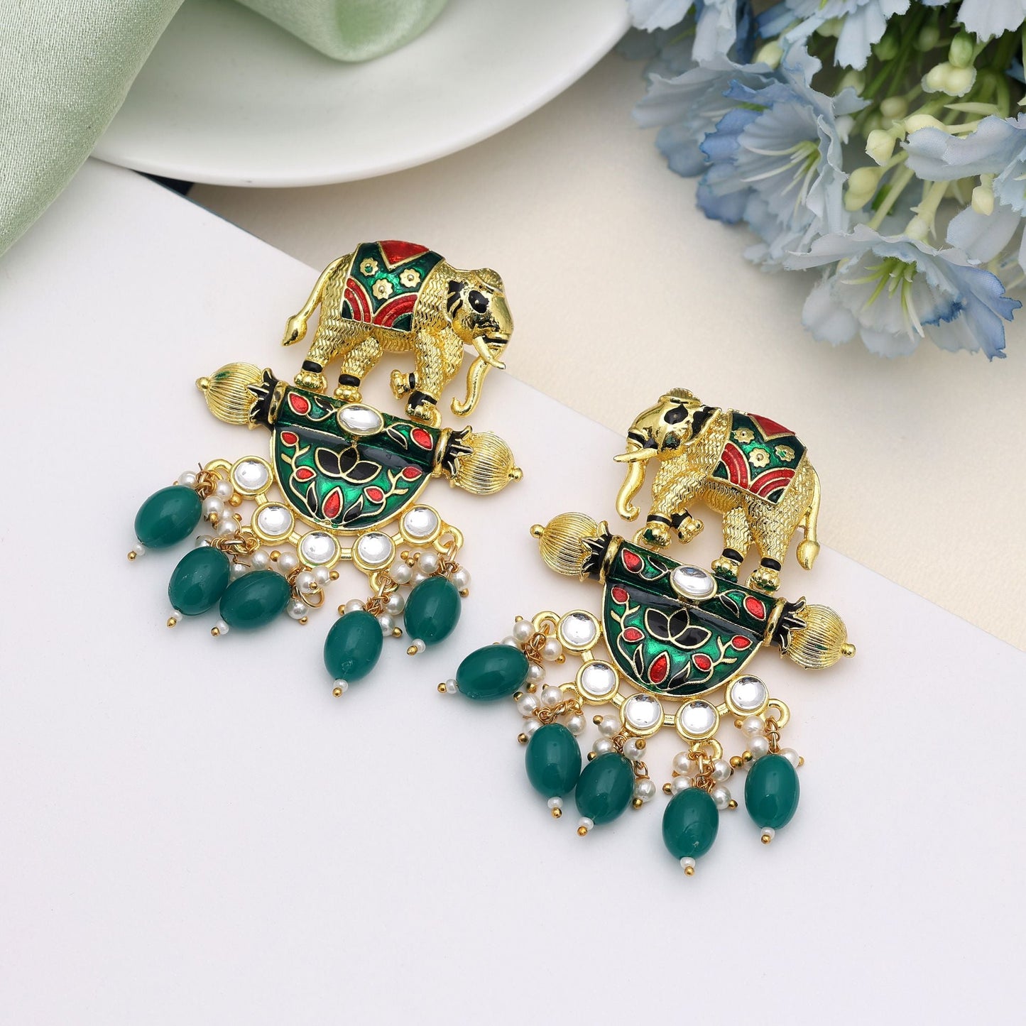 Green Color Meenakari Earrings Designed For Refreshing Festive Elegance In Ethnic Fashion