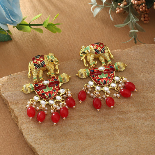 Red Color Meenakari Earrings Styled For Cultural Celebrations With Rich Handcrafted Detailing