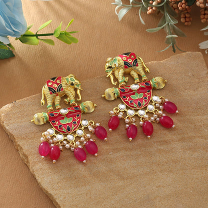 Rani Color Meenakari Earrings Created For Royal Festive Looks With Intricate Detailing