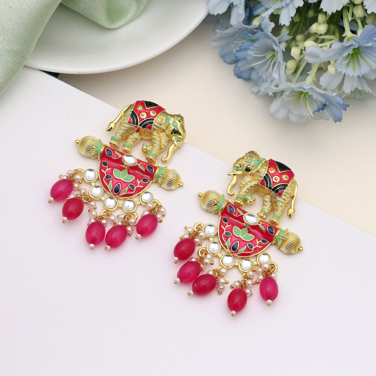 Rani Color Meenakari Earrings Created For Royal Festive Looks With Intricate Detailing