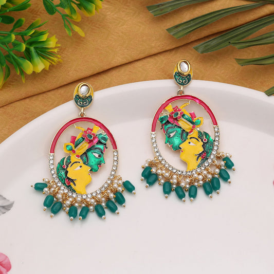 Green Color Meenakari Earrings Crafted With Traditional Motifs For Graceful Styling