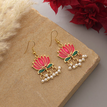 Magenta Color Lots Design Meenakari Earrings Inspired By Traditional Lotus Motifs