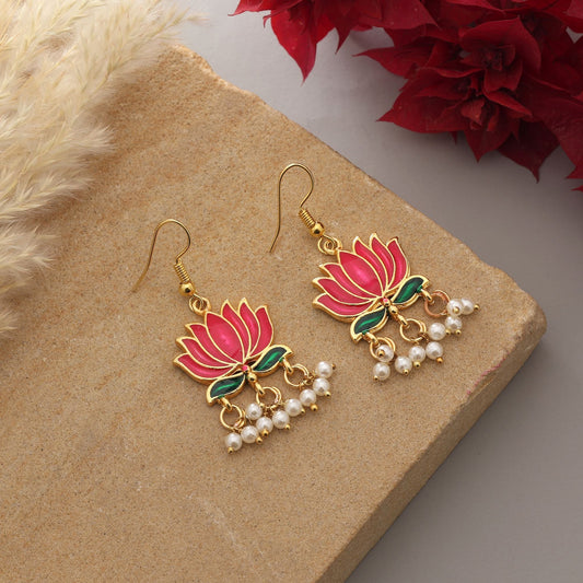Magenta Color Lots Design Meenakari Earrings Inspired By Traditional Lotus Motifs