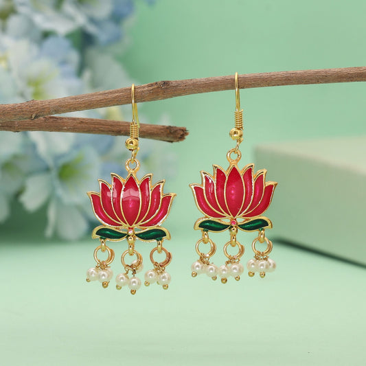 Magenta Color Lots Design Meenakari Earrings Inspired By Traditional Lotus Motifs