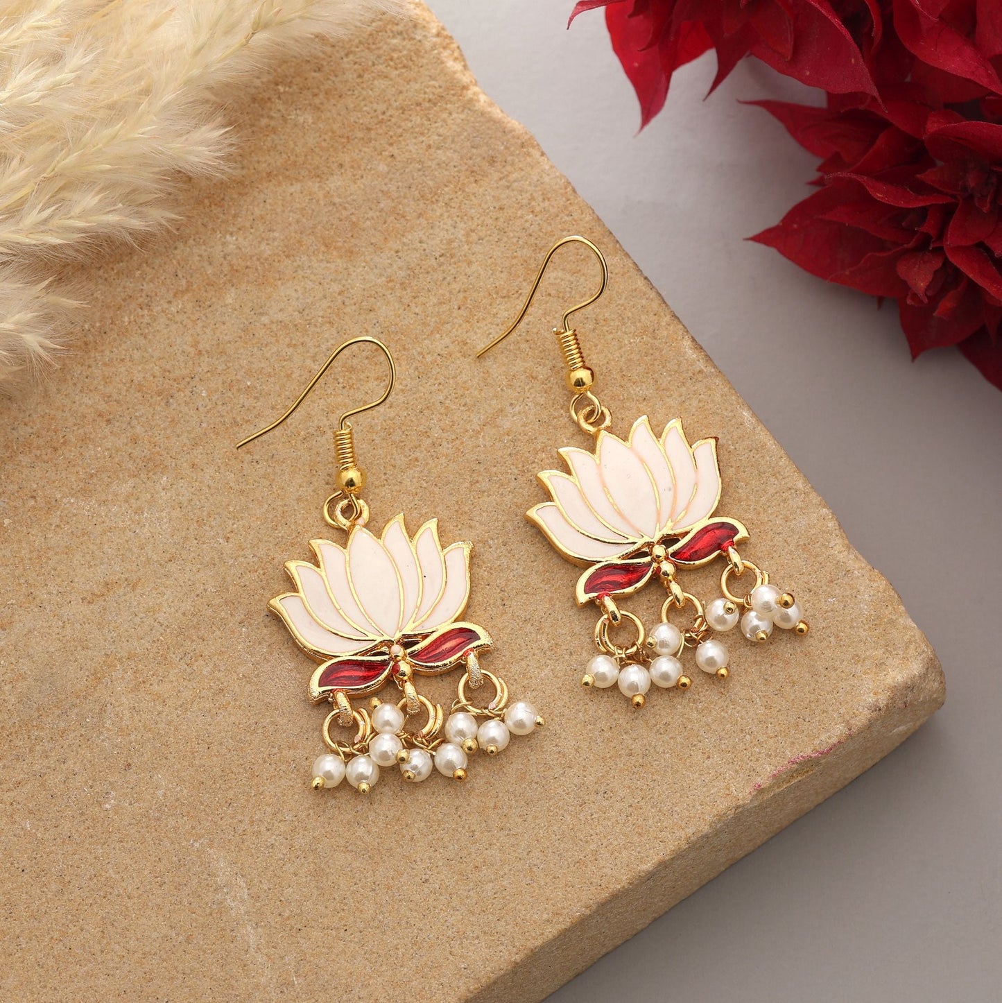 White Color Lots Design Meenakari Earrings With Elegant Lotus Inspired Enamel Work
