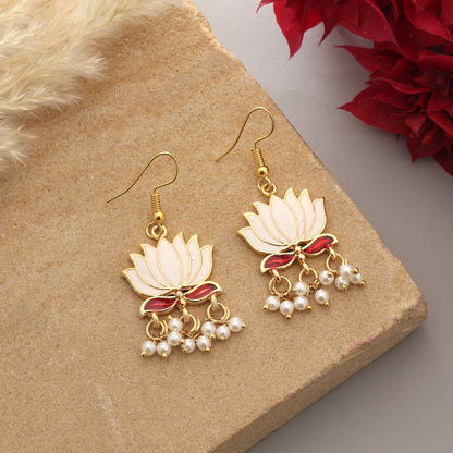 White Color Lots Design Meenakari Earrings With Elegant Lotus Inspired Enamel Work