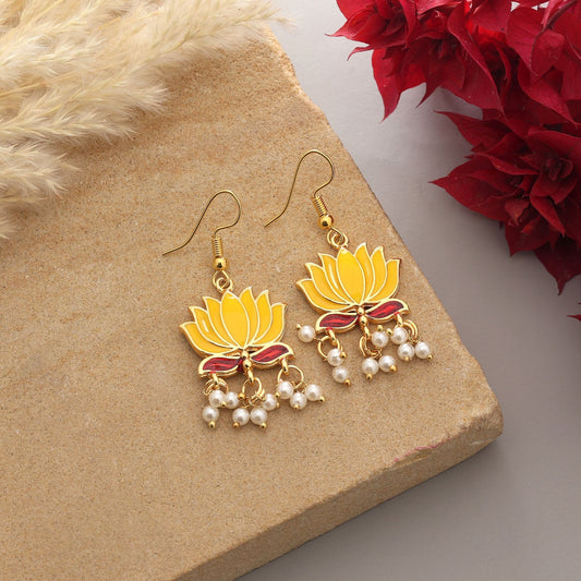 Yellow Color Lots Design Meenakari Earrings With Intricate Floral Enamel Patterns
