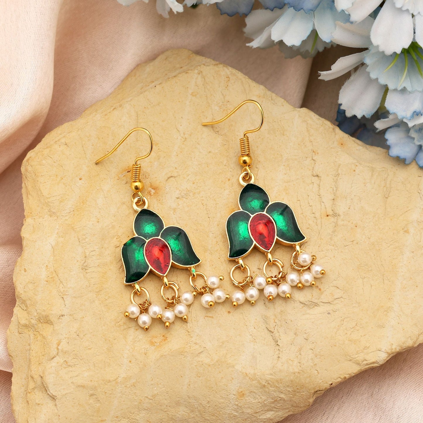Green Color Meenakari Earrings Showcasing Classic Indian Enamel Craftsmanship
