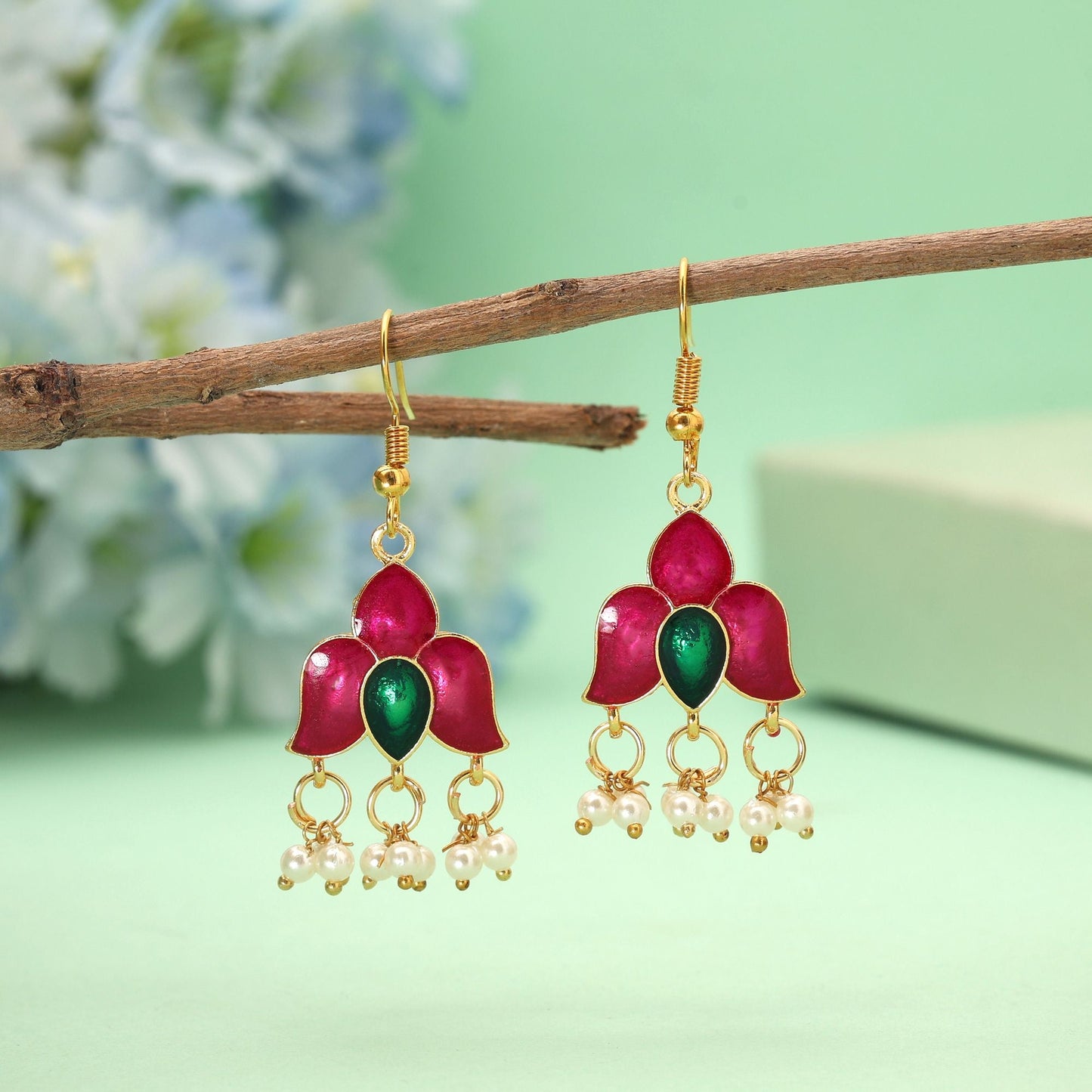 Magenta Color Meenakari Earrings Featuring Bold Enamel Work And Royal Finish