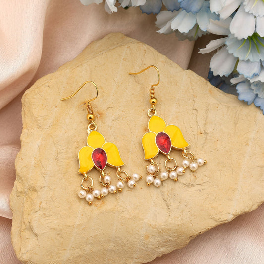 Yellow Color Meenakari Earrings Designed For Traditional Functions And Celebrations
