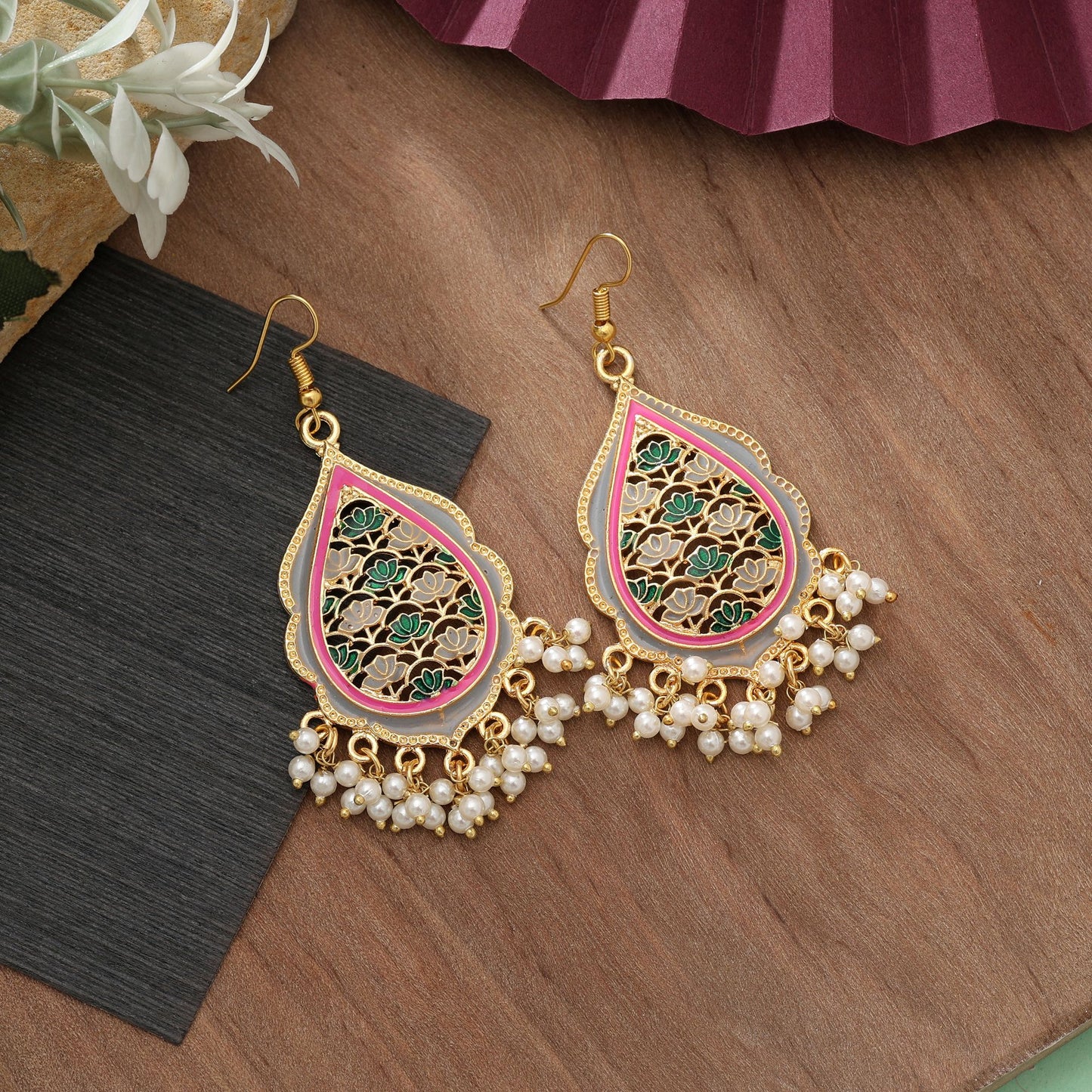 Grey Color Meenakari Earrings Elegant Minimal Ethnic Jewelry Style