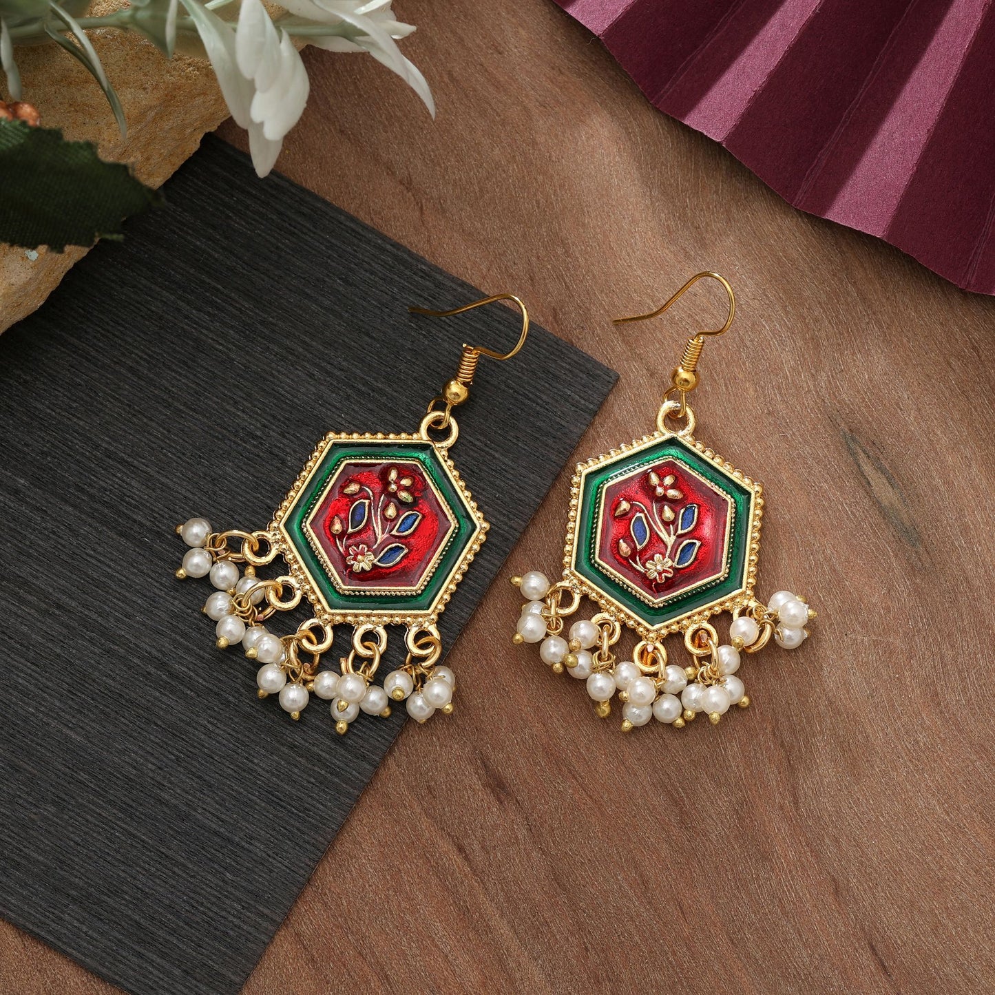 Bordeauxrote & Grüne Meenakari Ohrringe Royal Ethnisch Statement-Schmuck Design