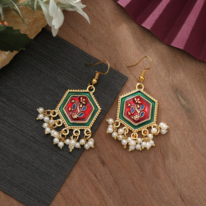 Bordeauxrote & Grüne Meenakari Ohrringe Royal Ethnisch Statement-Schmuck Design