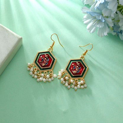 Bordeauxrote & Grüne Meenakari Ohrringe Royal Ethnisch Statement-Schmuck Design