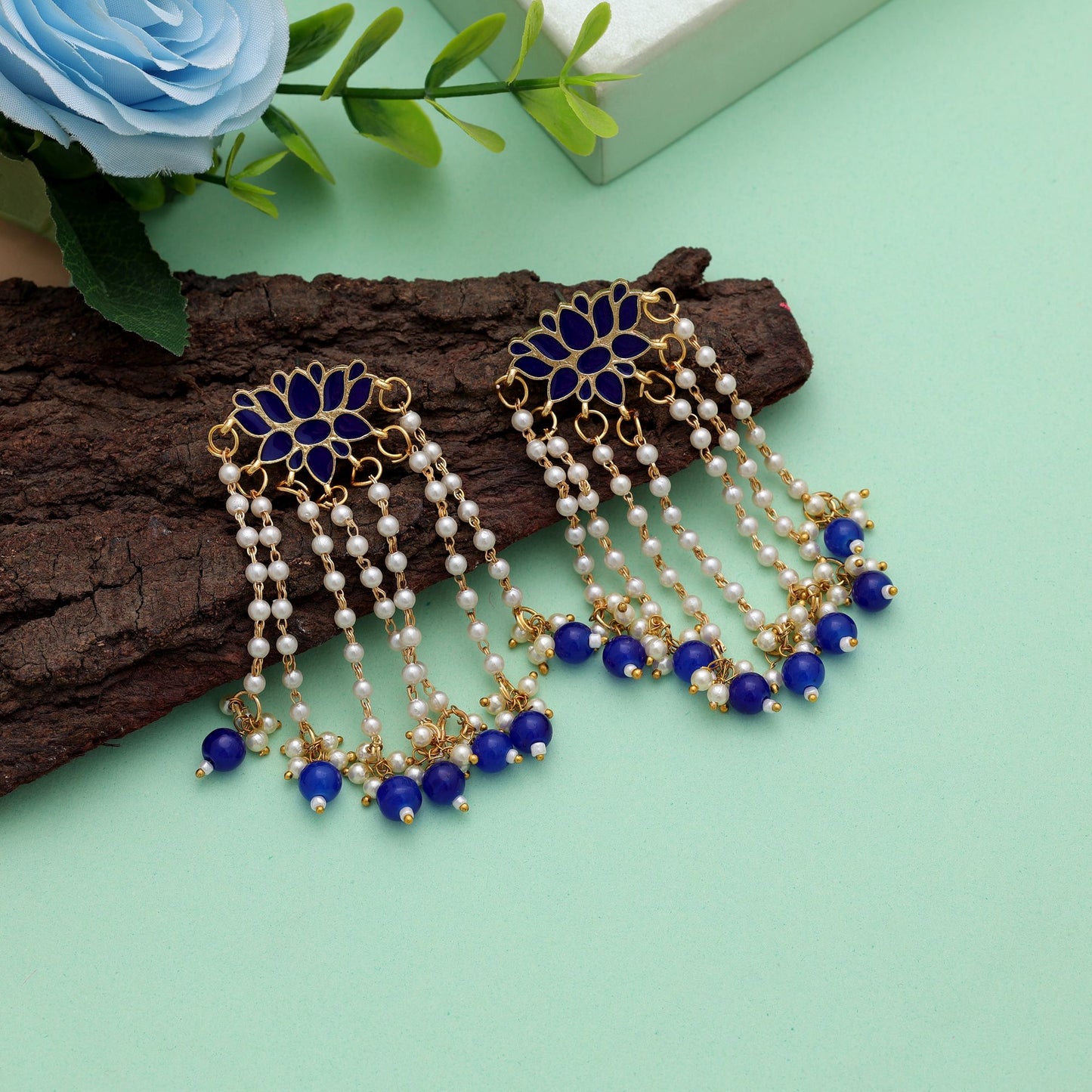 Elegant Blue Color Meenakari Earrings With Traditional Festive Ethnic Stone Detailing