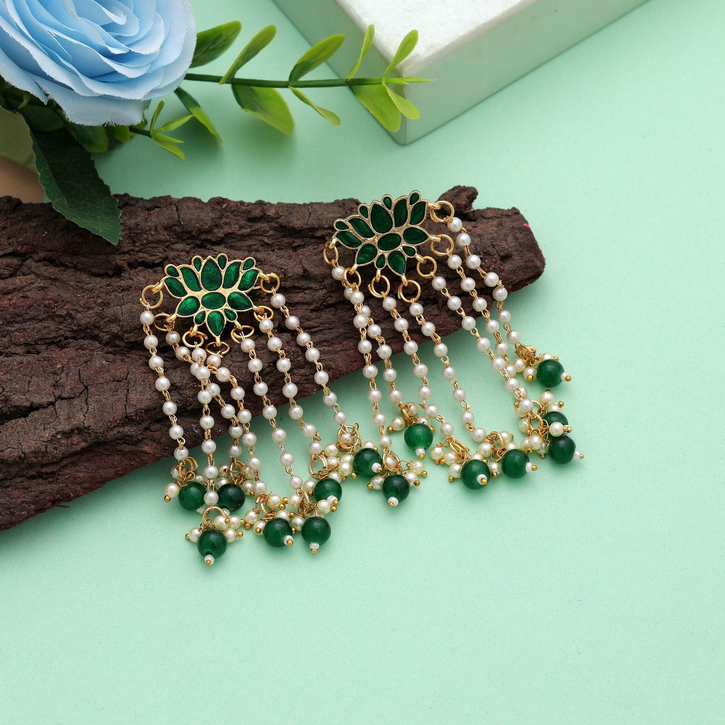 Traditional Green Color Meenakari Earrings With Intricate Handmade Ethnic Detailing