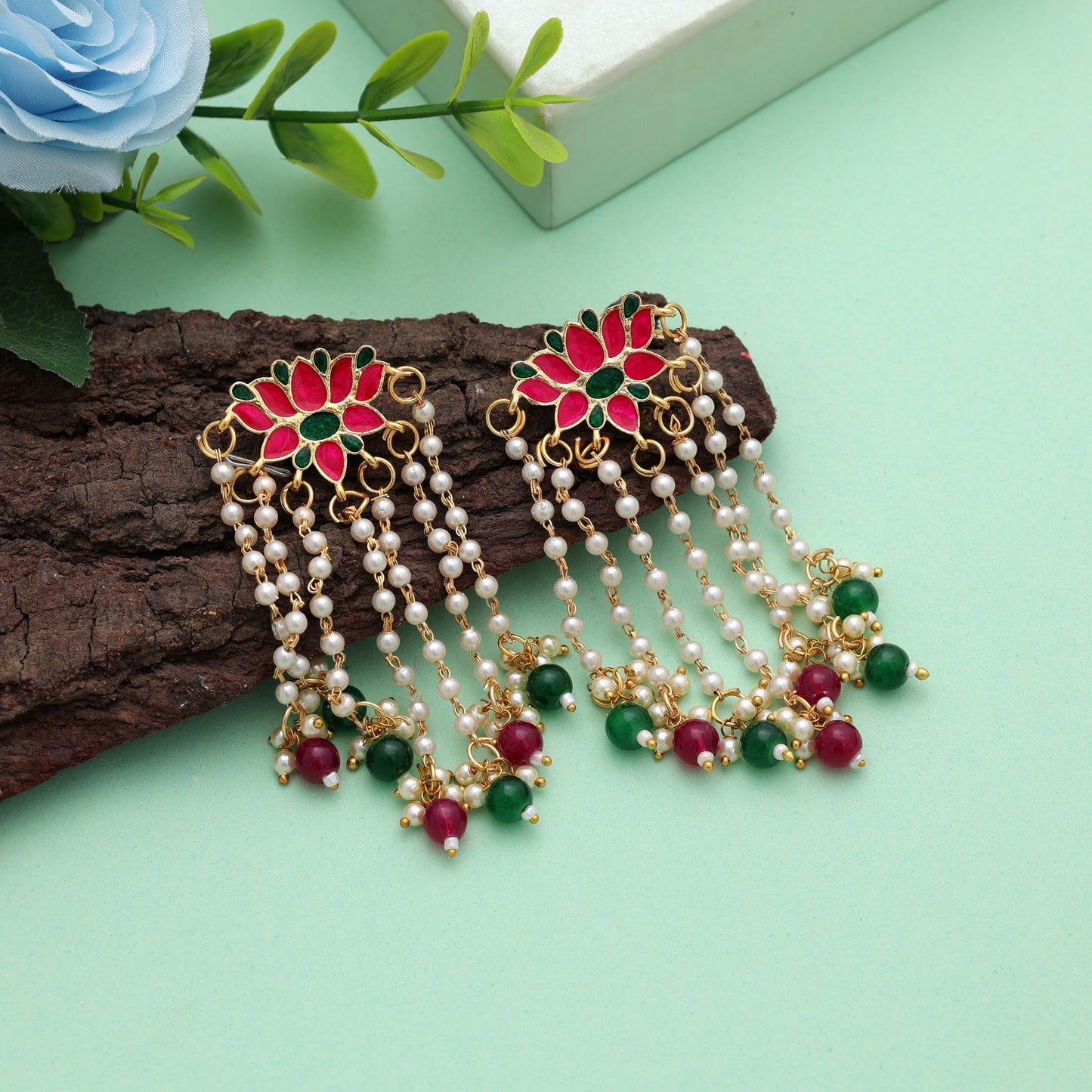 Beautiful Rani & Green Color Meenakari Earrings With Elegant Festive Artwork
