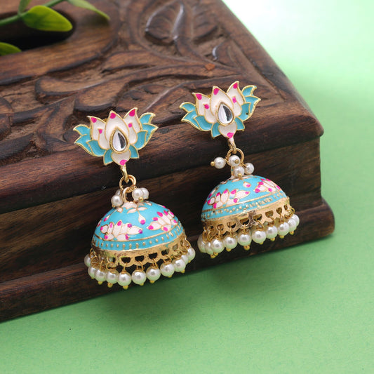 Firozi Color Lots Design Meenakari Earrings Crafted with Stylish Traditional Patterns