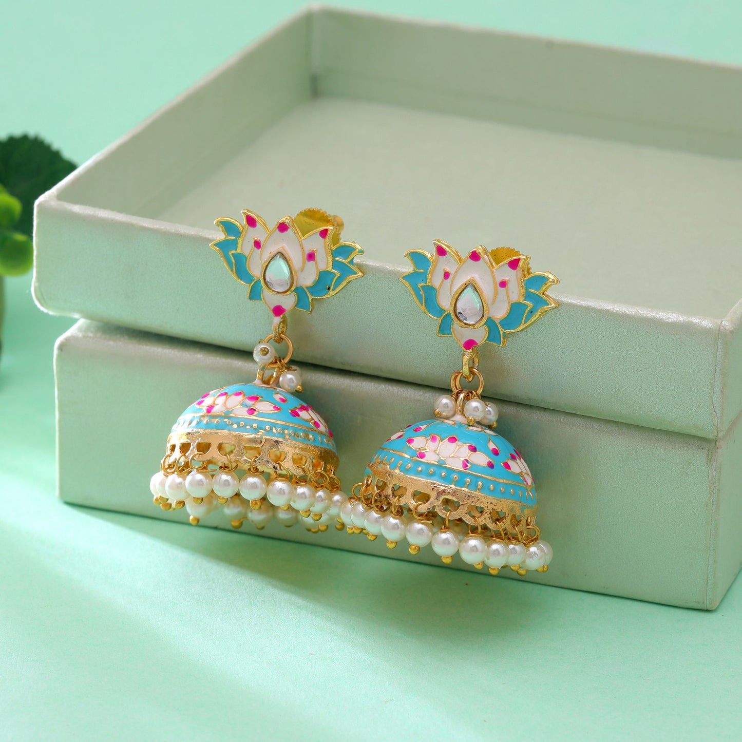 Firozi Color Lots Design Meenakari Earrings Crafted with Stylish Traditional Patterns