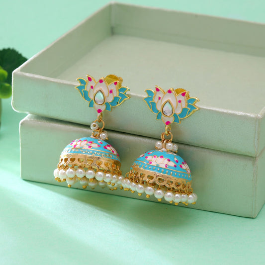 Firozi Color Lots Design Meenakari Earrings Crafted with Stylish Traditional Patterns
