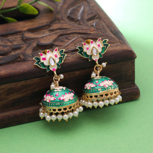Green Color Lots Design Meenakari Earrings Featuring Elegant Colorful Artwork Design