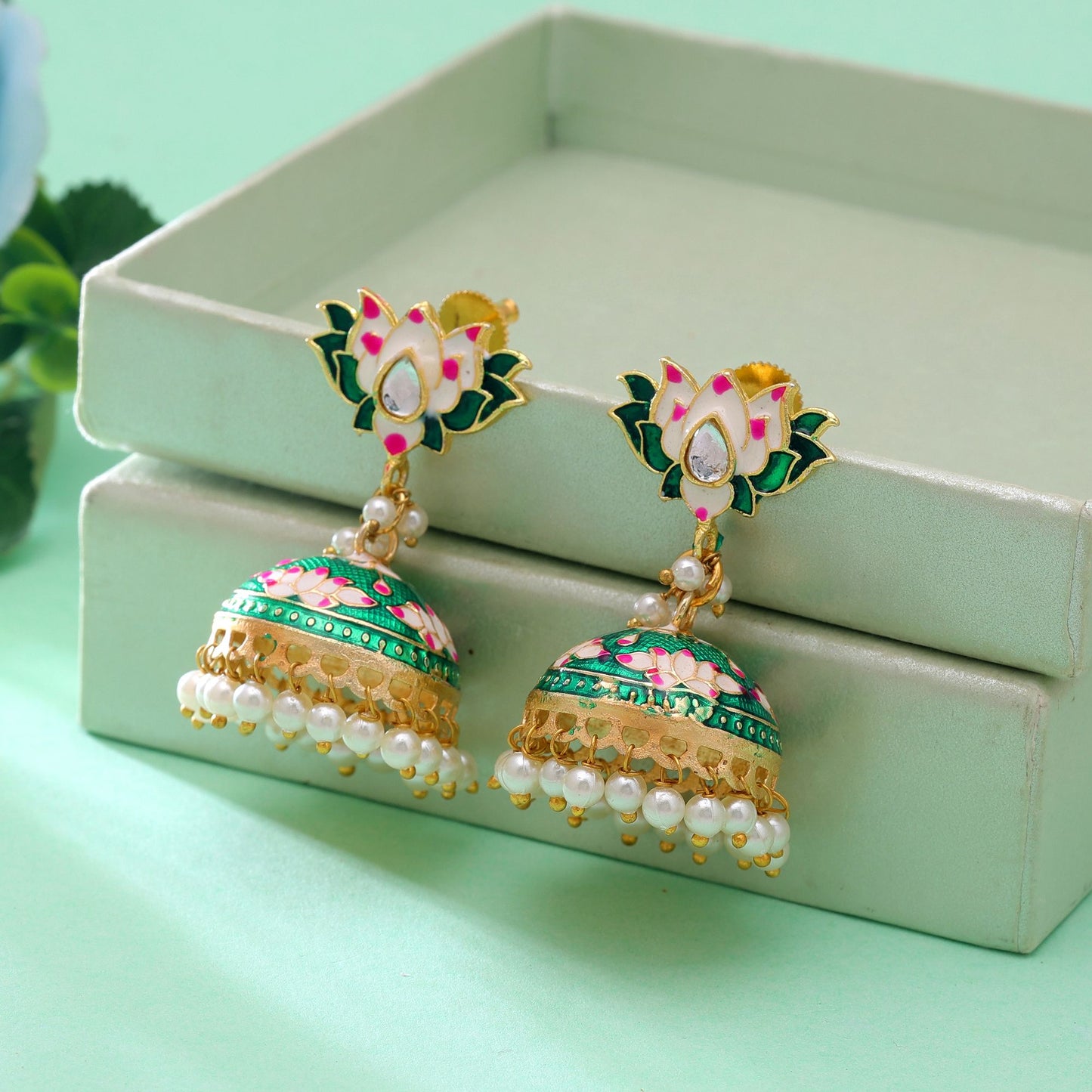 Green Color Lots Design Meenakari Earrings Featuring Elegant Colorful Artwork Design