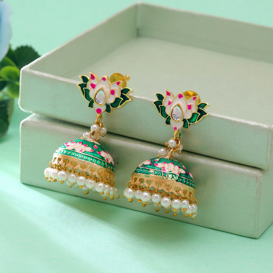 Green Color Lots Design Meenakari Earrings Featuring Elegant Colorful Artwork Design