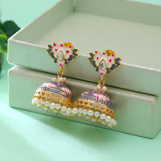 Graue Meenakari-Ohrringe im Lot-Design mit einzigartiger traditioneller Handwerkskunst-Optik