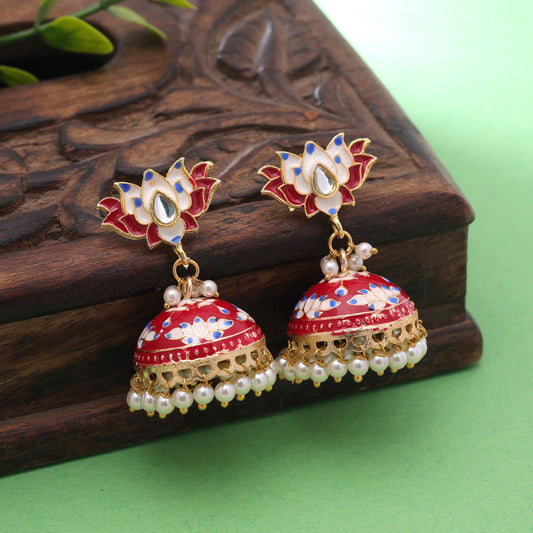 Red Color Lots Design Meenakari Earrings Featuring Beautiful Handmade Artistic Detailing