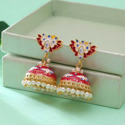 Red Color Lots Design Meenakari Earrings Featuring Beautiful Handmade Artistic Detailing
