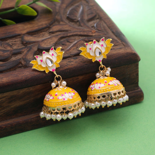 Yellow Color Lots Design Meenakari Earrings with Elegant Traditional Ethnic Jewelry Style