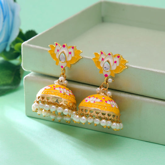 Yellow Color Lots Design Meenakari Earrings with Elegant Traditional Ethnic Jewelry Style