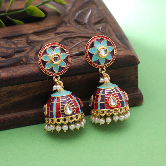 Firozi Color Meenakari Earrings Featuring Stylish Handmade Traditional Artwork