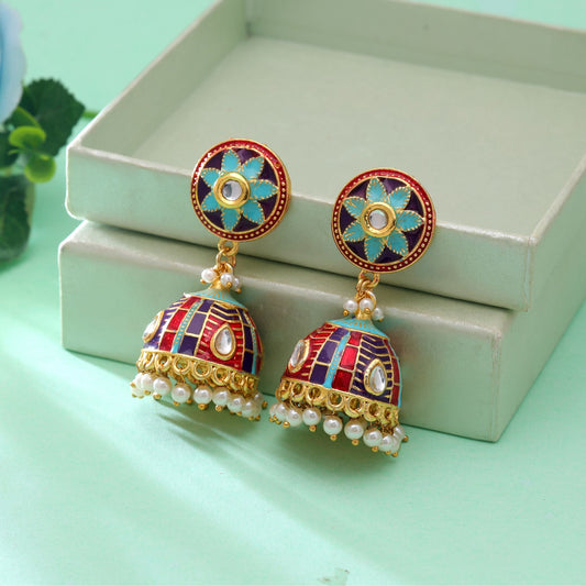 Firozi Color Meenakari Earrings Featuring Stylish Handmade Traditional Artwork