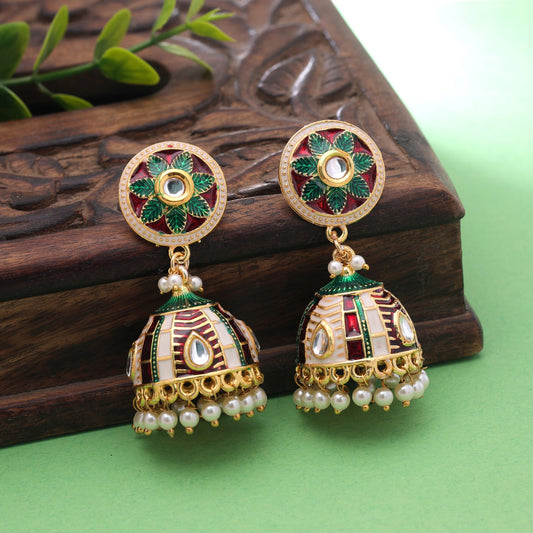Maroon & Green Color Meenakari Earrings with Premium Ethnic Jewelry Detailing