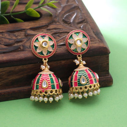 Rani & Green Color Meenakari Earrings Featuring Royal Traditional Jewelry Design