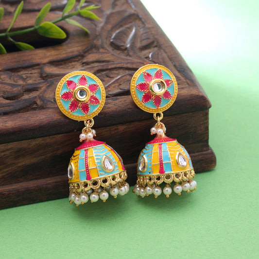 Yellow Color Meenakari Earrings Crafted with Elegant Traditional Festive Style