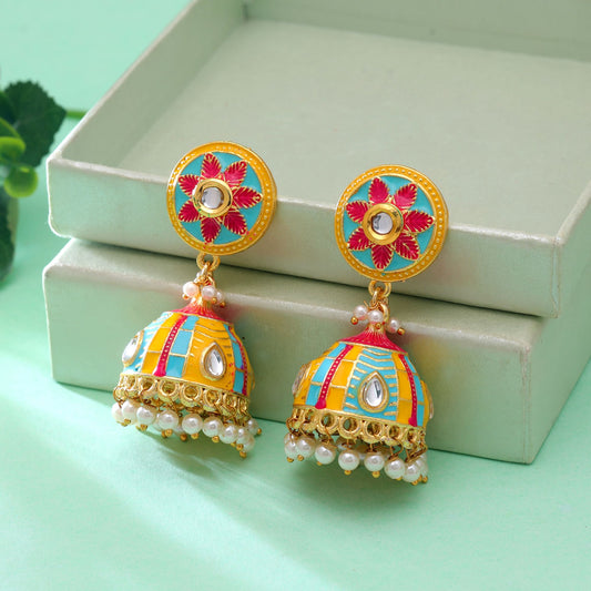 Yellow Color Meenakari Earrings Crafted with Elegant Traditional Festive Style