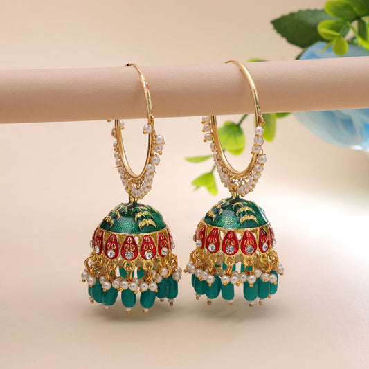 Green Color Meenakari Earrings Crafted with Beautiful Ethnic Pattern Design
