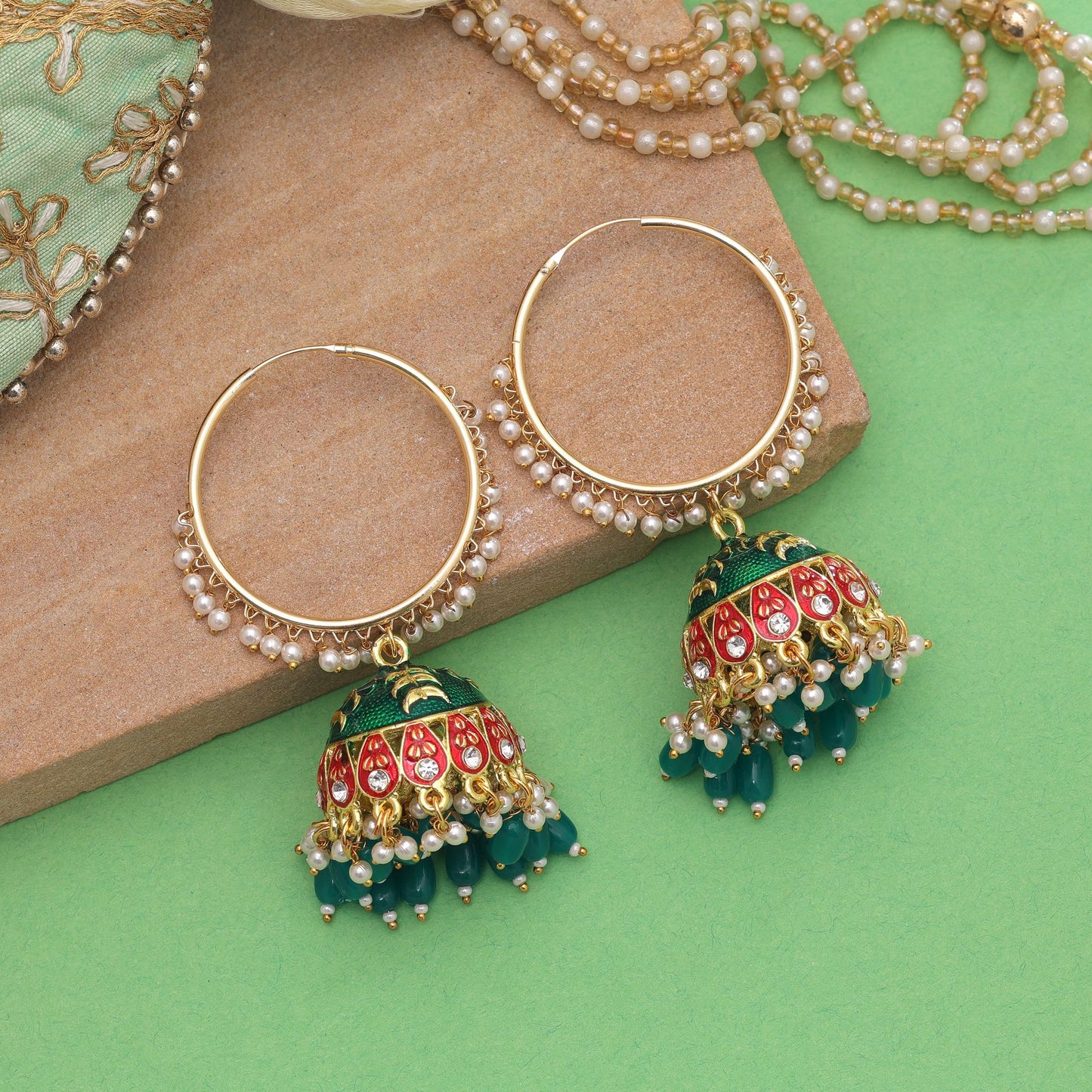 Green Color Meenakari Earrings Crafted with Beautiful Ethnic Pattern Design