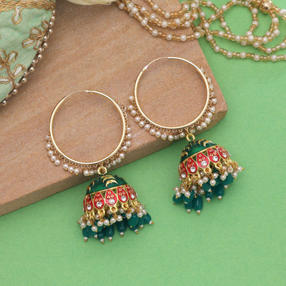 Green Color Meenakari Earrings Crafted with Beautiful Ethnic Pattern Design