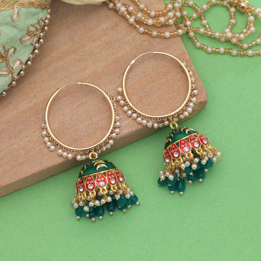 Green Color Meenakari Earrings Crafted with Beautiful Ethnic Pattern Design