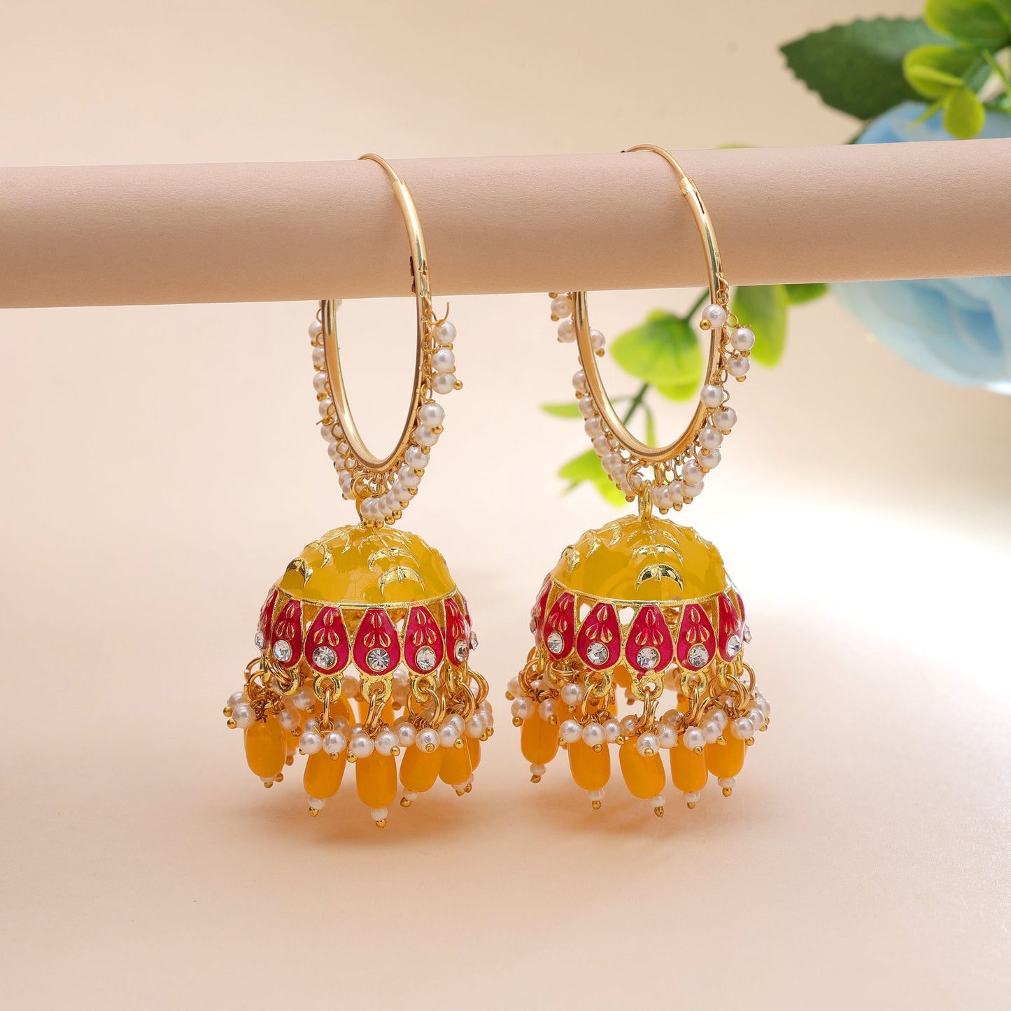 Yellow Color Meenakari Earrings Featuring Classic Traditional Jewelry Appeal