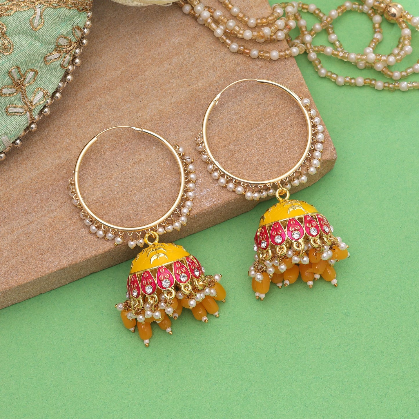 Yellow Color Meenakari Earrings Featuring Classic Traditional Jewelry Appeal