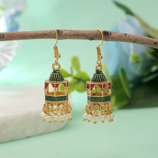 Green Color Palki Meenakari Earrings with Elegant Traditional Artwork Design