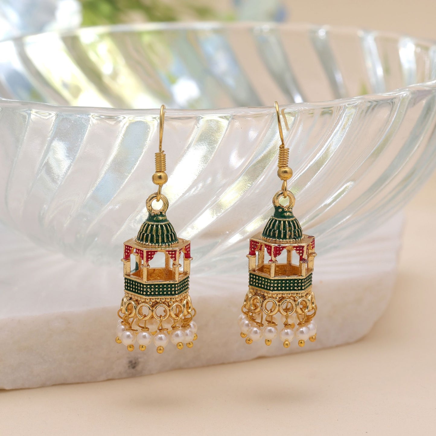 Green Color Palki Meenakari Earrings with Elegant Traditional Artwork Design