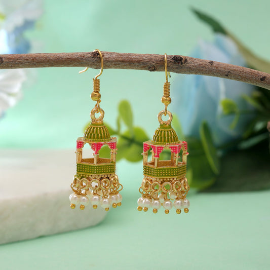 Parrot Green Color Palki Meenakari Earrings with Elegant Royal Design