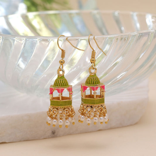 Parrot Green Color Palki Meenakari Earrings with Elegant Royal Design