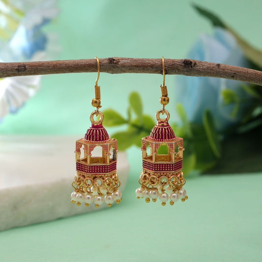 Red Color Palki Meenakari Earrings Featuring Classic Ethnic Craftsmanship